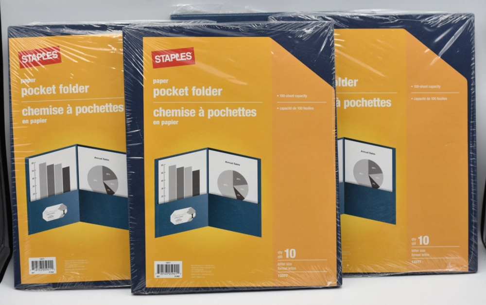 Staples 2-Pocket 100 Sheet Capacity Folders w/Business Card Slot Blue x-39 NEW